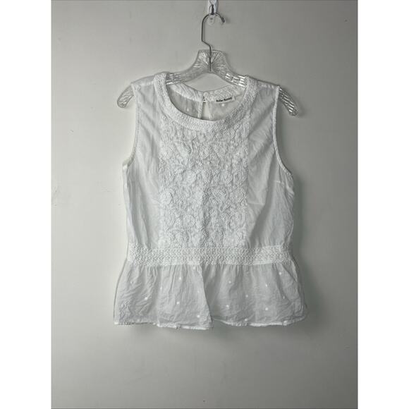 Roller Rabbit Embroidered Top Womens Large White Gauzy Ruffle Coastal Slit Back - Picture 1 of 11